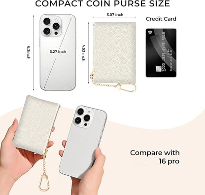 Beige White Keychain Coin Purse for Women, Small PU Leather Change Pouch, Zipper Little Tiny Travel Wallet for Girls, Cute Kawaii Zip Pocket Coin Holder with Key Ring