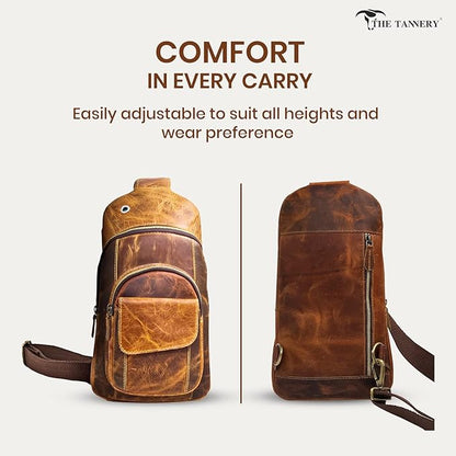 The Tannery Handmade Buffalo Leather Multipurpose Travel Hiking Crossbody Chest Backpack with Adjustable Shoulder Strap, Thanks Giving (Brown, Small)
