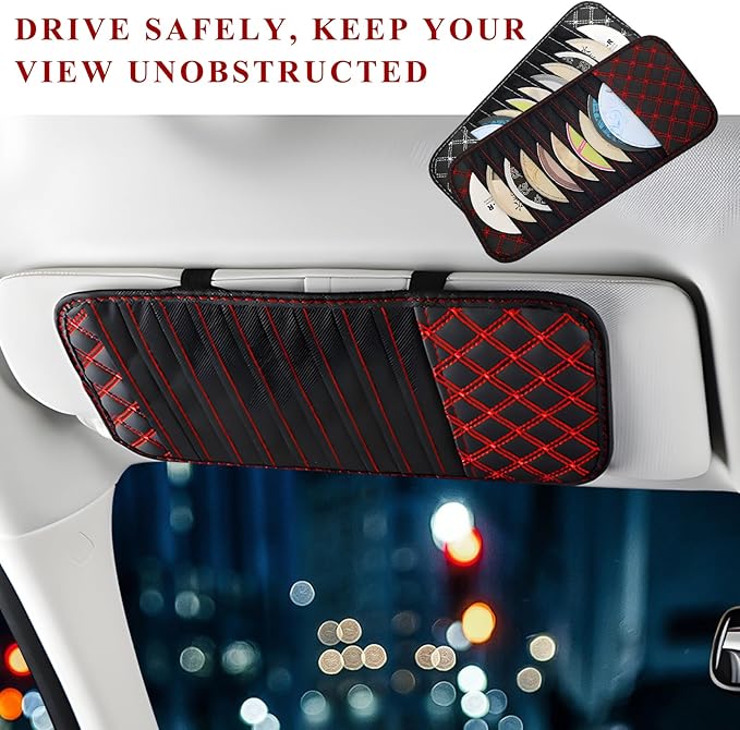 2 PCS Car CD Visor Storage Cases, Large Capacity Auto Sun Visor DVD Holder with 10 Storage Sleeves, Leather Sunshade CD Pocket Interior Decoration for Cars Trucks SUVs (Red)