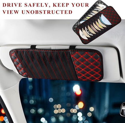 2 PCS Car CD Visor Storage Cases, Large Capacity Auto Sun Visor DVD Holder with 10 Storage Sleeves, Leather Sunshade CD Pocket Interior Decoration for Cars Trucks SUVs (Red)