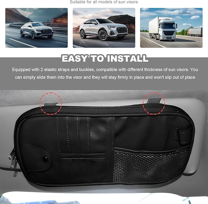 Car Sun Visor Organizer, Multi-Purpose Visor Storage Holder with Elastic Bands & Glasses Clip, Multi-Pocket Sunshade Organizer Soft Leather Storage Pouch for Car Truck SUV (Black)