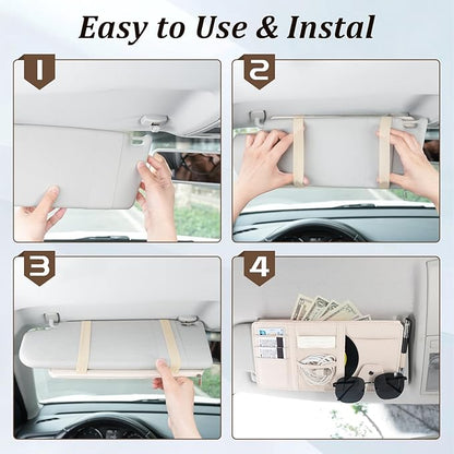 Amiss Car Sun Visor Organizer with Double Zippers, Multi-Pockets for Glasses, Pens, Cards & Documents, Universal Storage Pouch Fits Most Cars, SUVs and Trucks, Car Interior Accessories (Beige)