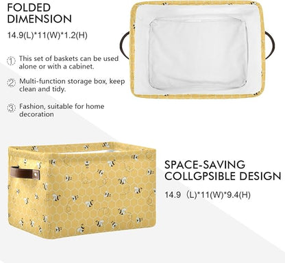 Cute Animal Bee Square Storage Basket Bin Canvas Fabric Compressible Organizer Basket with Handle for Bedroom Nursery Office, 1PCS