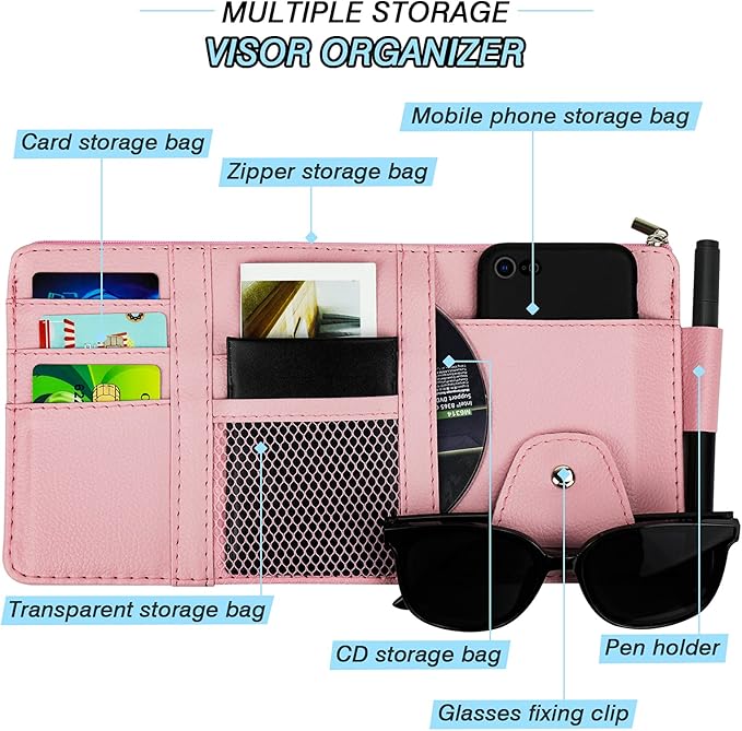 Car Sun Visor Organizer, Leather Pocket Organizer Sunglass Holder for Car Interior Accessories with Multi-Pocket Net Zipper, Pink
