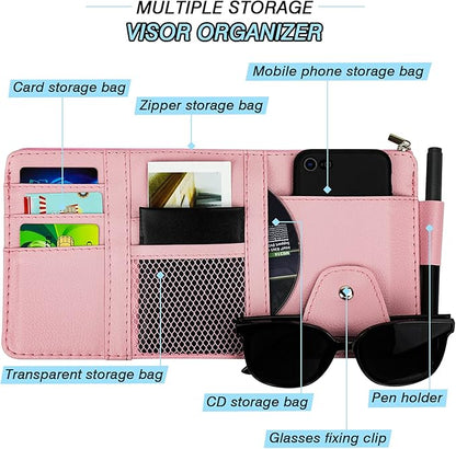 Car Sun Visor Organizer, Leather Pocket Organizer Sunglass Holder for Car Interior Accessories with Multi-Pocket Net Zipper, Pink