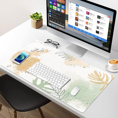 Large Desk Mat, Dual Side PU Leather Waterproof Mousepad Desk Pad, Desk Protector Writing Pads Desk Accessories for Office and Home (E-Watercolor Plants, 24''X14'')
