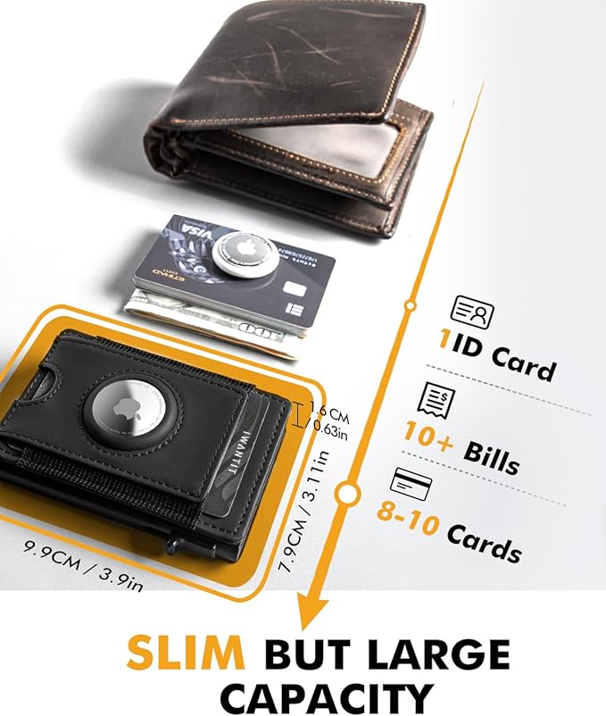 iwantit Slim Airtag Wallet for Men: Pop Up Bifold Wallet with Detachable Money Clip ID Window for Air Tag(1st & 2nd Generation) - RFID Blocking for 8-10 Cards Cash - Gift Box Included (Black)