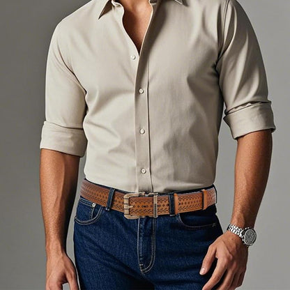 BISON DENIM Men's Genuine Leather Casual Belt, Classic Western Cowboy Dress Belts