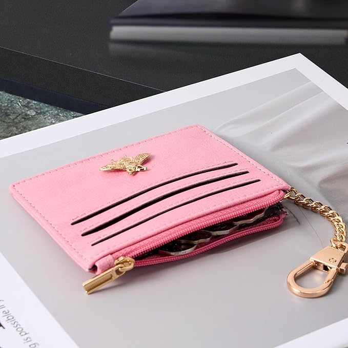 SEAVILIA Card Holder Keychain Wallet for Women with ID Window RFID Blocking Coin Purse Bee Gifts Slim Minimalist Small PU Leather