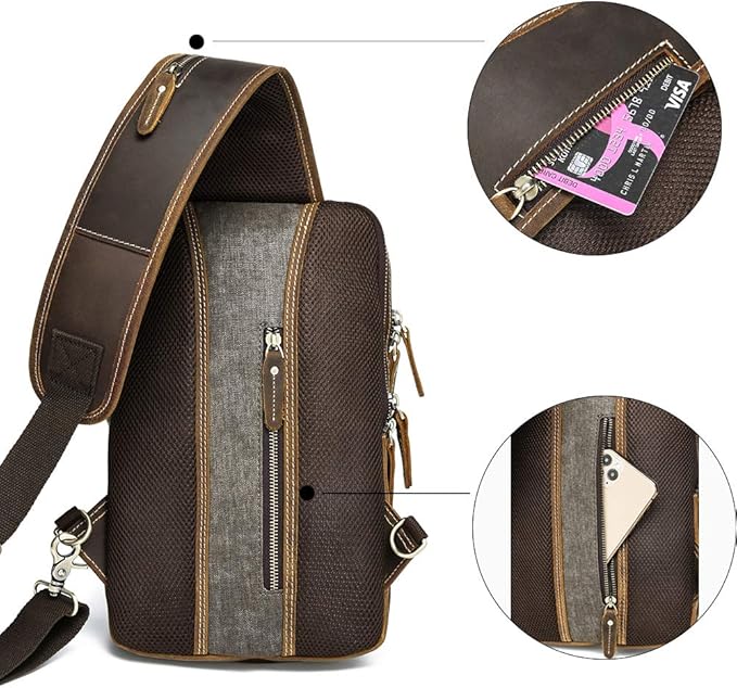 LANNSYNE Vintage Full Grain Leather Sling Bag Crossbody Chest Daypack | Vintage, Full Grain, Leather, Chest