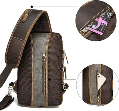 LANNSYNE Vintage Full Grain Leather Sling Bag Crossbody Chest Daypack | Vintage, Full Grain, Leather, Chest