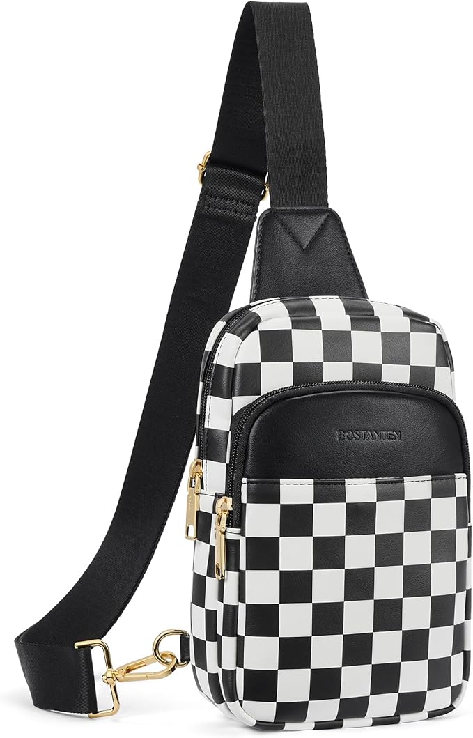 BOSTANTEN Sling Bag Quilted Crossbody Bags for Women Cross Body Purse Leather Fanny Pack with Adjustable Guitar Strap