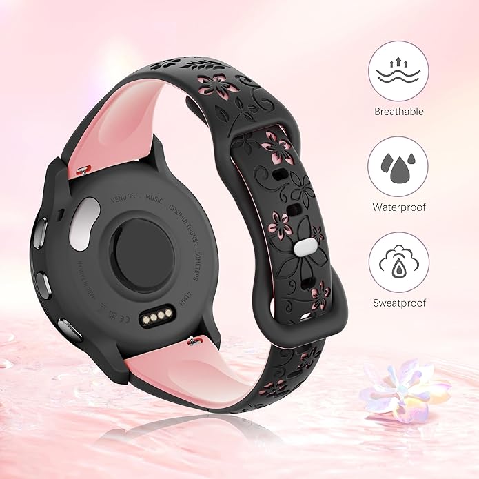 Laband 18mm Floral Engraved Band Compatible With Garmin Venu 3S 41mm/Venu 2S/Vivoactive 4S/Vivomove 3S/Venu 4 41mm/Forerunner 255S/Forerunner 265S,Soft Slim Silicone Cute Embossed Flower Strap for Men