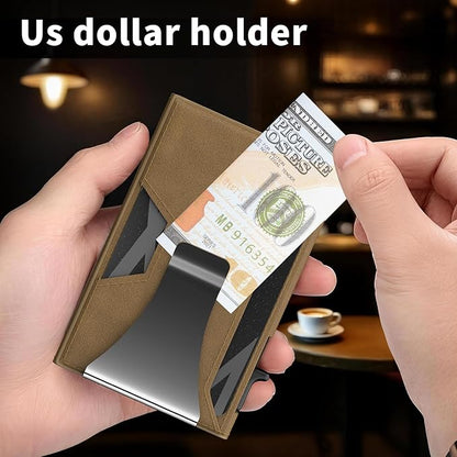 Wallet for Men Slim Minimalist Pop-up Smart Holds 5-6 Cards - RFID Blocking Metal with Money Clip, Credit Card Holder & ID Window,Business Card Cases, men accessories (Brown)