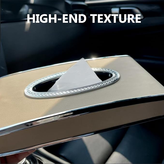Leather Car Tissue Box for Car Interior, Multi-Function Tissue Holder with Visor Clip, Armrest & Back Seat Napkin Organizer, Vehicle Tissue Dispenser Accessories (Beige Hanging)