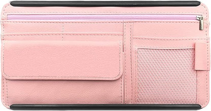 Car Sun Visor Storage Bag, Soft Leather Surface Organizer, Scratch-Resistant Auto Sunshade Organizer Bag, Can Store ID Card, Eyeglasses, Pen, Driving License etc (Pink)