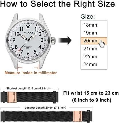 WOCCI 22mm Braided Nylon Watch Band for Men and Women, Quick Release, Rosegold Stainless Steel Buckle (Black)