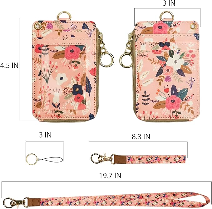 bolimoss Lanyard with Wallet,Zip ID Case with Lanyard,Lanyard Badge Holder,Lanyard Wallet for Women,Fashion Lanyard Wallet, ID Case Wallet with Lanyard（Pink Floral）