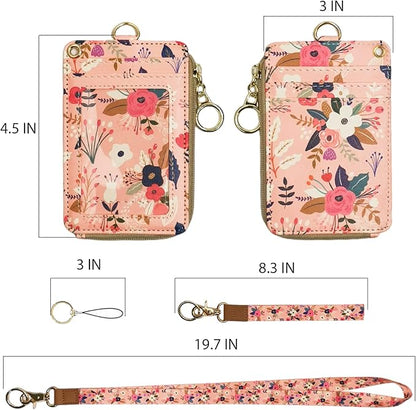 bolimoss Lanyard with Wallet,Zip ID Case with Lanyard,Lanyard Badge Holder,Lanyard Wallet for Women,Fashion Lanyard Wallet, ID Case Wallet with Lanyard（Pink Floral）