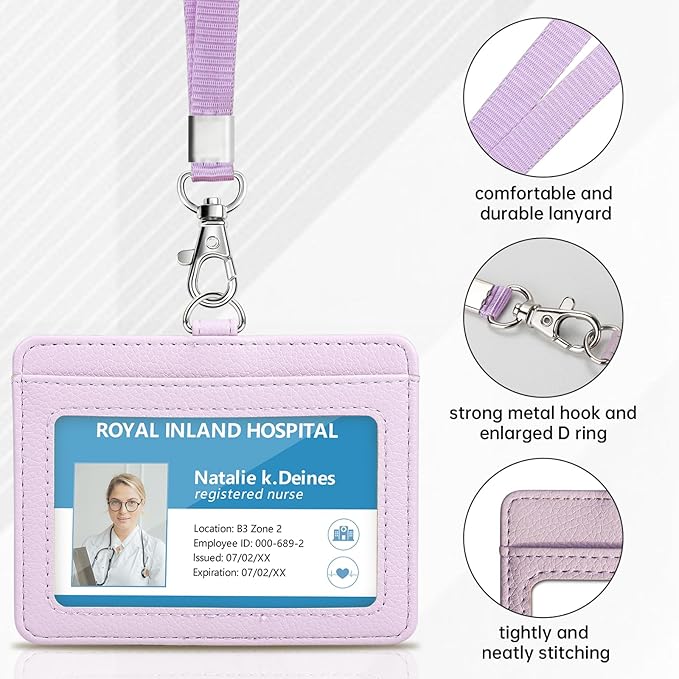 Teskyer Badge Holder with Lanyard, Leather ID Name Badge Card Holder with Lanyard for ID Badges, Horizontal, Lychee Pattern Lilac