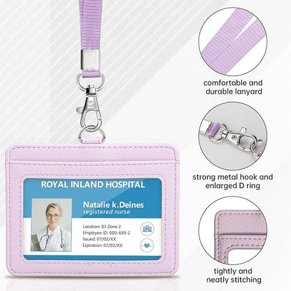 Teskyer Badge Holder with Lanyard, Leather ID Name Badge Card Holder with Lanyard for ID Badges, Horizontal, Lychee Pattern Lilac