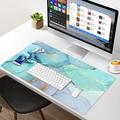 Large Desk Mat, Dual Side PU Leather Waterproof Mousepad Desk Pad, Desk Protector Writing Pads Desk Accessories for Office and Home (B-Green Marble, 24''X14'')