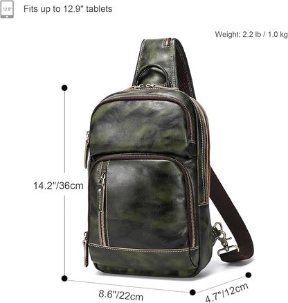 LANNSYNE Full Grain Leather Sling Bag For Men, Crossbody Bag fits 12.9" iPad Crossbody Chest Daypack