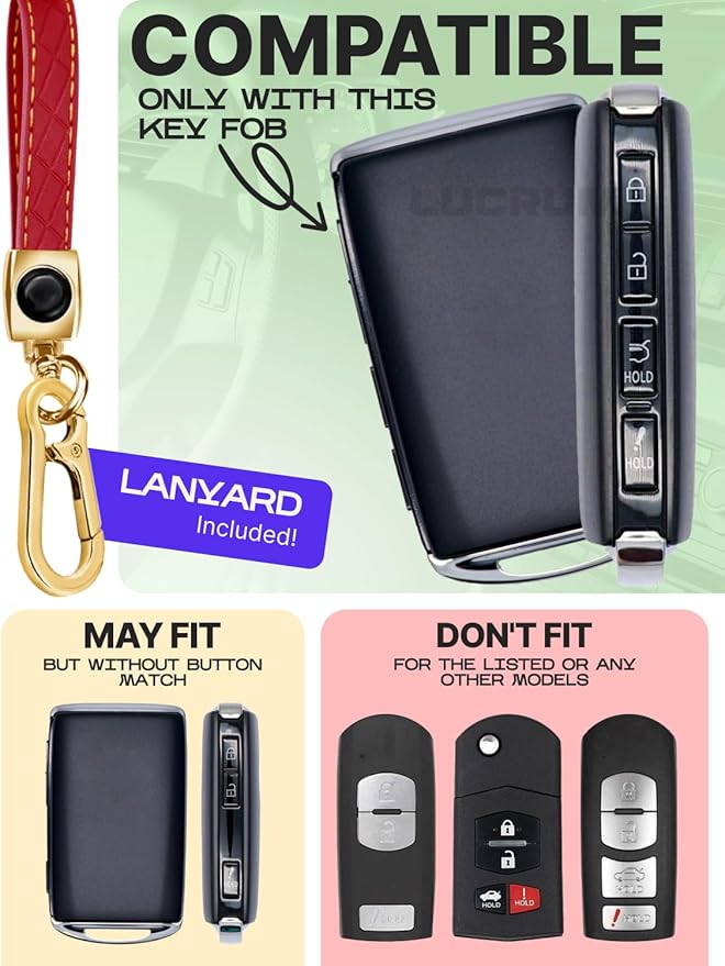 Lucrum Compatible with Mazda Key Fob Cover & Leather Keychain - TPU Case for 3, 6, CX-5 CX-9 CX-30 CX-50 CX-70 (2019-2025)