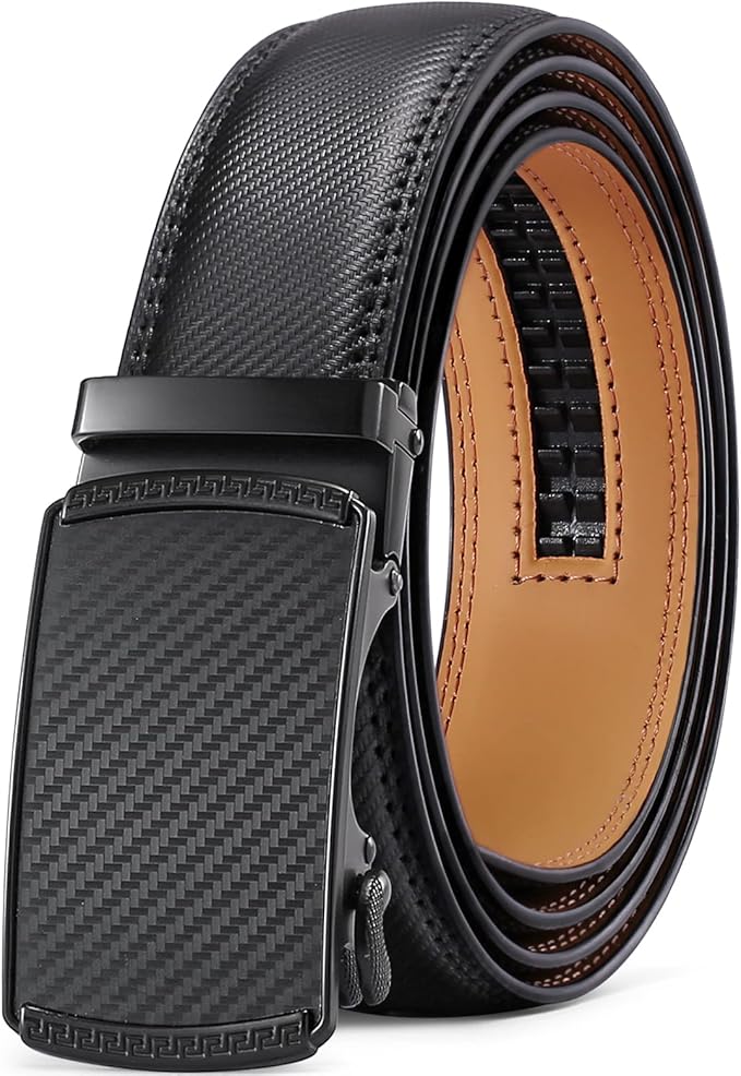SENDEFN Men's Leather Belt Automatic Ratchet Buckle Slide Belt for Dress Casual Trim to Fit with Gift Box