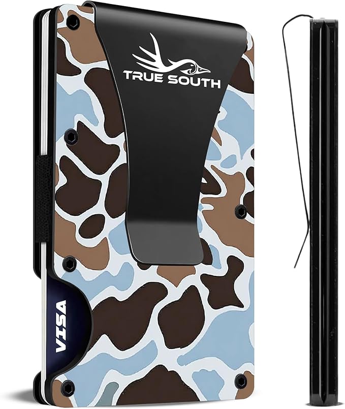 True South RFID Blocking Slim Metal Wallet with Money Clip | Minimalist Alumium Card Holder - Camouflage Front Pocket EDC Wallet for Men, Gift for Him