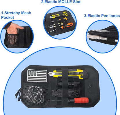 Car Tactical Sun Visor Organizer Sag-Free MOLLE Panel with Zipper Storage & Glasses Clip Universal Fit for Trucks, SUVs, and Patrol Vehicles - Ideal for Daily Use & Outdoor Adventures（Black）