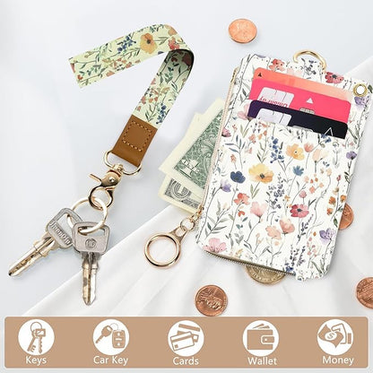 bolimoss 2-in-1 ID Badge Holder & Lanyard Wallet, Cute Florals Leather ID Badge Wallet for Teacher, 5 Card Slots Side Zipper Pocket Detachable Neck Wrist Lanyard for Key (Watercolor Flower)