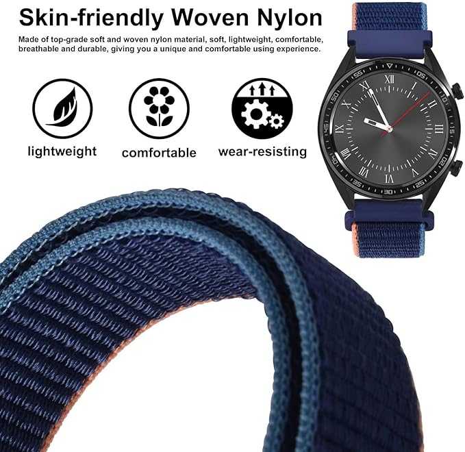 WOCCI 22mm Adjustable Nylon Watch Band, Quick Release Sport Loop Strap (Navy Blue)