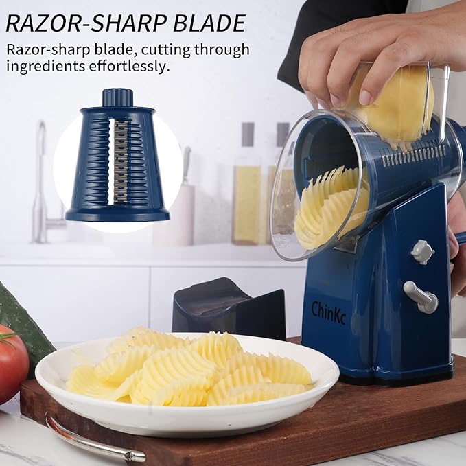Upgrade Rotary Cheese Grater Shredder with Handle, Strong Suction Base, Multi-purpose Rotary Grater Slicer with 5 Interchangeable Blades for Ice, Vegetables, Fruit, Nuts with Blade Storage Box