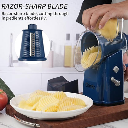 Upgrade Rotary Cheese Grater Shredder with Handle, Strong Suction Base, Multi-purpose Rotary Grater Slicer with 5 Interchangeable Blades for Ice, Vegetables, Fruit, Nuts with Blade Storage Box