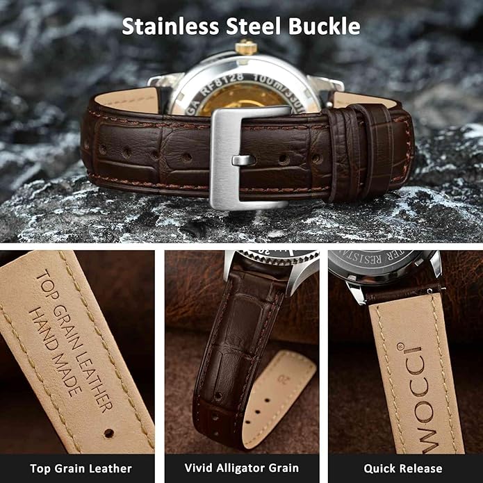 WOCCI Watch Bands, Top Grain Leather, Embossed Alligator Grain, Quick Release, Band Width 18mm 20mm 22mm