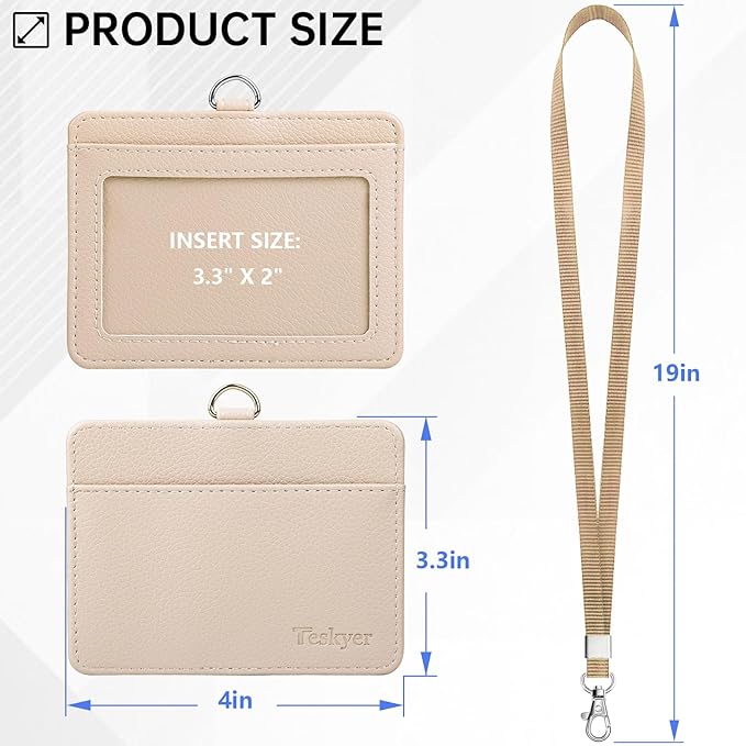 Teskyer Badge Holder with Lanyard, Leather ID Name Badge Card Holder with Lanyard for ID Badges, Horizontal, Lychee Pattern Beige