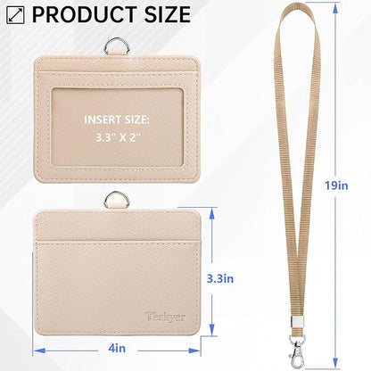 Teskyer Badge Holder with Lanyard, Leather ID Name Badge Card Holder with Lanyard for ID Badges, Horizontal, Lychee Pattern Beige