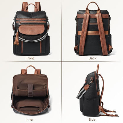 Shrrie Laptop Backpack for Women 15.6 inch,Travel Leather Backpack Purse Nurse Teacher Carry on Backpack Computer Bag,Professional Water-Resistant College Business Work Casual Daypack,Black with Brown