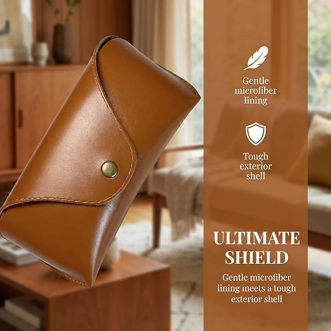 Brown Leather Glasses Case, Portable Hard Shell Eyeglasses And Sunglasses Pouch For Women & Men