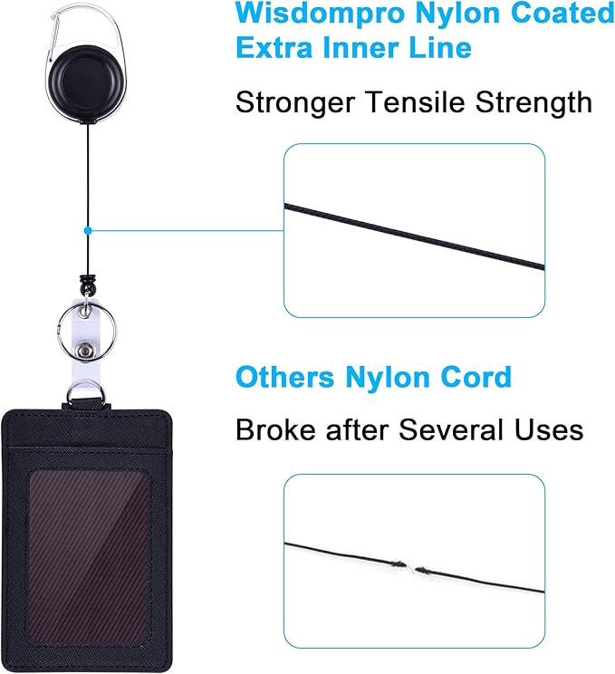 Wisdompro Retractable Badge Holder with Lanyard, Double Sided PU Leather ID Card Holder with Carabiner Badge Reel Clip and 18.8 inch Neck Lanyard - Black, Vertical