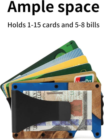 Slim Wallet for Men,RFID Blocking Minimalist Metal Wallet, Money Clip/Cash Holder, Front Pocket Aluminum Credit Card Holder, Ideal Gift for Men,Resin Dark Blue Wood