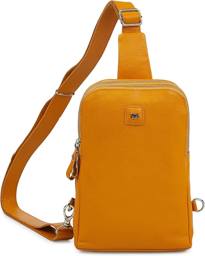 Leather Sling Bag for Women Genuine Crossbody Purse Small Trendy Cross Over Chest with Phone and Credit Card Slots (Mustard Nappa)