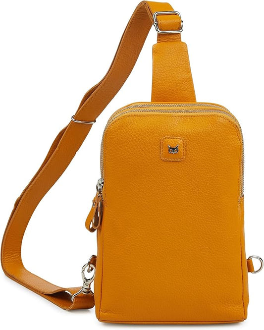 Leather Sling Bag for Women Genuine Crossbody Purse Small Trendy Cross Over Chest with Phone and Credit Card Slots (Mustard Nappa)
