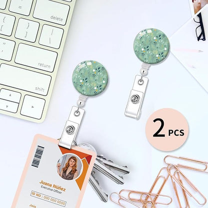 2 Pack Badge Reels Holder Retractable with ID Clip for Nurse Name Tag Card Nursing for Doctor Teacher Student Employee Office Medical Work (Green Flower)