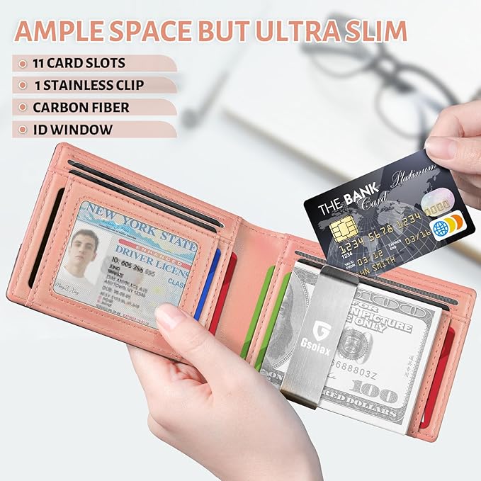 GSOIAX Men's Slim RFID Blocking Leather Wallet with Money Clip Minimalist Carbon Fiber Bifold Credit Card Holder 11 Card Slots Gift Box Included(Carbon Pink)