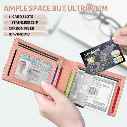 GSOIAX Men's Slim RFID Blocking Leather Wallet with Money Clip Minimalist Carbon Fiber Bifold Credit Card Holder 11 Card Slots Gift Box Included(Carbon Pink)
