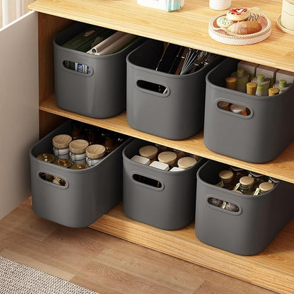 ORGIDOL 8 Pack Dark Grey Storage Bins with Lids Stackable Storage Container for Organizing, Storage Boxes with Handle for Shelves, Cute Organizer Bins for Craft, Snacks, 9.85x6.9x5.7 inch