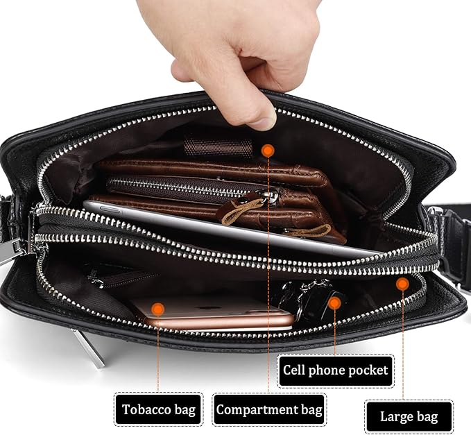 YumSur Mens Shoulder Bag, Leather Messenger Handbag Crossbody Bag for Men Purse iPad Bag for Business Office Work School with Adjustable Strap Black