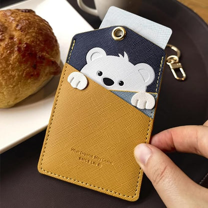 PU Leather ID Badge Holder with Keychain - Cartoon Animal Cute ID Badge Holder, 3 Card Slots for Professionals, Students, Nurse Officer, School Women Girls Boys (Yellow)